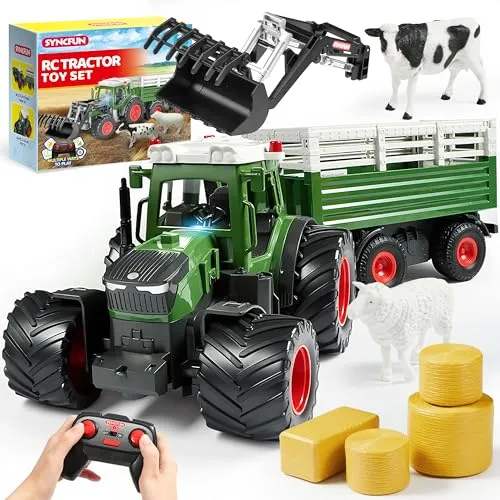 SYNCFUN Ferngesteuertes Traktor-Spielzeugset – Landwirtschaftlicher Traktor mit Anhänger und Lader