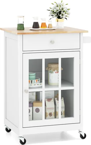 GOPLUS Küchenwagen mit Holzplatte und abschließbarer Schublade
