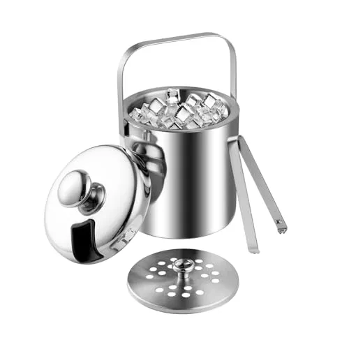 Emsmil 2.2L Eiseimer mit Deckel Zange und Sieb Eiskübel Edelstahl Eisbehälter Sektkühler Eiswürfelbehälter Eiskühler Eiswürfelkühler Ice Bucket für Party Restaurant Picknick Bier Champagner Wein