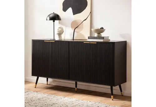 Elegantes Sideboard 150cm MDF Eiche Schwarz Dekor - Kommode im modernen Design mit 4 Türen in eleganter Lamellenoptik, ideal für stilvolle Wohnräume. Stabilität durch fünf Standbeine und großzügiger Stauraum.
