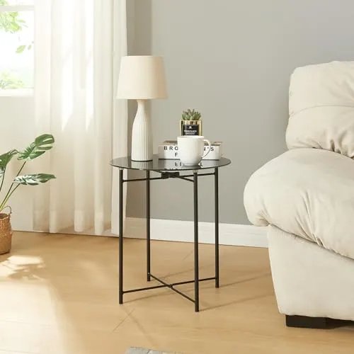 [en.casa] Beistelltisch Ödeshög Sofatisch mit Glasplatte Dekotisch im Industrie Design Ablagetisch mit Metallgestell 45 x Ø42cm Schwarz