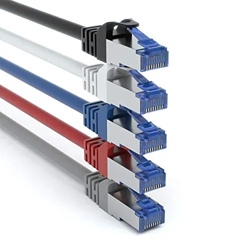 JAMEGA - 5 Stück - 0,25m CAT 7 Netzwerkkabel Gigabit Ethernet LAN Kabel in 5 Farben | 10000 Mbit s | Patchkabel Cat.7 Rohkabel SFTP PIMF Schirmung RJ45 Stecker | Switch Router Modem Access Point