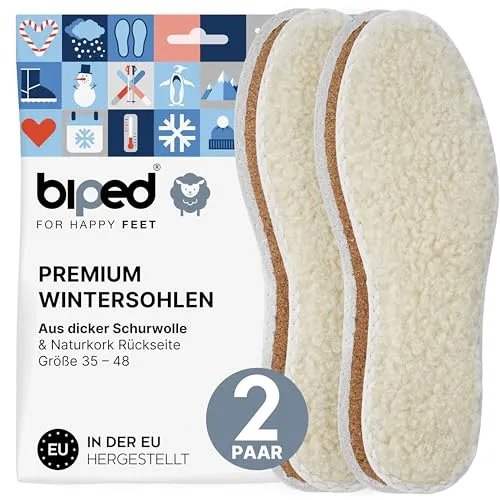 biped 2 Paar Einlegesohlen aus echter Schafswolle und Naturkork - Robuste Winter-Einlegesohlen - Isolierende Innensohlen für Stiefel und Winterschuhe z2736(38)