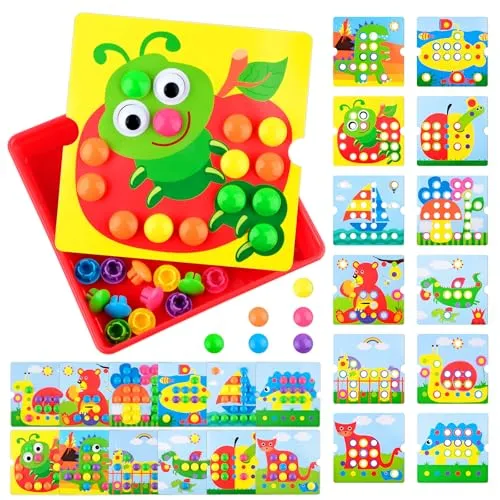 PlsMupn Mosaik Steckspiel ab 4 5 6 Jahre, Montessori Lernspielzeug mit 12 Bildvorlagen & 46 Steckperlen, Farben Lernen & Motorik fördern, Pädagogisches Steckspiel für Kinder, Geschenk Junge Mädchen