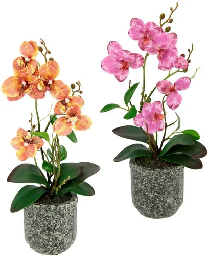 Kunstpflanze Orchidee 2er Set, I.GE.A. - Elegante Deko mit Luftwurzeln - Künstliche Pflanzen, 2er Set in orange und rosa, Höhe 38 cm, ideal für stilvolle Dekoration ohne Pflegeaufwand.