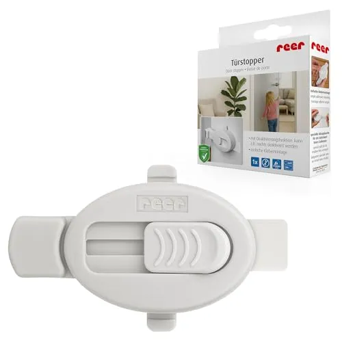 reer Türstopper mit Deaktivierungsfunktion | Kindersicherung | schützt Finger effektiv vor dem Einklemmen | einfache Klebemontage | universell passend für Holz- Glas- und Kunststofftüren