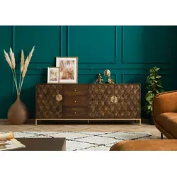 Sideboard Mango 194x40x77 braun geölt DIAMOND #221 - Elegantes Sideboard aus massivem Mango-Holz im 20er Jahre Stil, bietet viel Stauraum hinter 3 Türen und 3 Schubladen. Edles Holzmosaik und goldfarbene Akzente verleihen Ihrem Wohnraum einen besonderen Glanz.