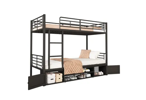 Merax Etagenbett, mit Stauraum und Leiter, Hochbett, Kinderbett, Eisenrahmen, Metallbett