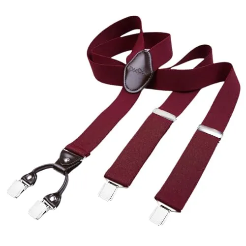 DonDon Hosenträger Herren extra stark bordeaux rot 3,5 cm Hosenträger Herren breit mit brauem Leder in Y-Form lang - Starke Clips passend für Anzug Jeans Chinos Vintage Rockabilly Suspenders