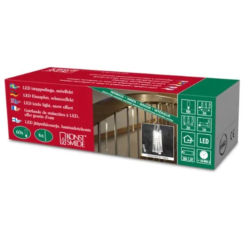 Konstsmide LED Leuchtstäbe Lichtervorhang, 6 Stäbe, funkelnder Schneeeffekt, 60 warm weiße Dioden, batteriebetrieben, bis zu 130h, transparentes Kabel - 2760-103