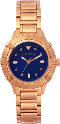 Nautica Damen Datum Quarz Uhr mit Edelstahl Armband NAPCPR005 - Elegante Armbanduhr für Damen mit 36mm Gehäuse und präzisem Japanischen Quarzwerk. Wasserfest bis 50m, ideal für den Alltag.