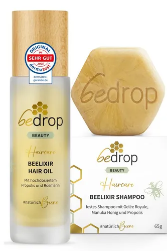 bedrop Haarpflege-Set Beelixir Hair Oil & Gelée Royale Shampoo - Haarpflege-Set für beanspruchtes Haar, mit feuchtigkeitsspendendem Gelée Royale und nährendem Beelixir Hair Oil für natürlichen Glanz und intensive Pflege.