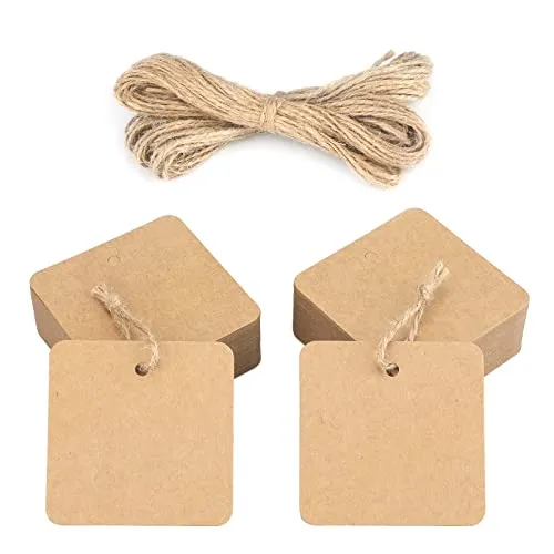 jijAcraft 5,5 cm Kraftpapier Quadratische Geschenkanhänger, 100 Stück Geschenk Anhänger, Braun Papier Etiketten mit Juteschur für Gepäckanhänger, Preisschilder, Selbstgebastelte Schilder
