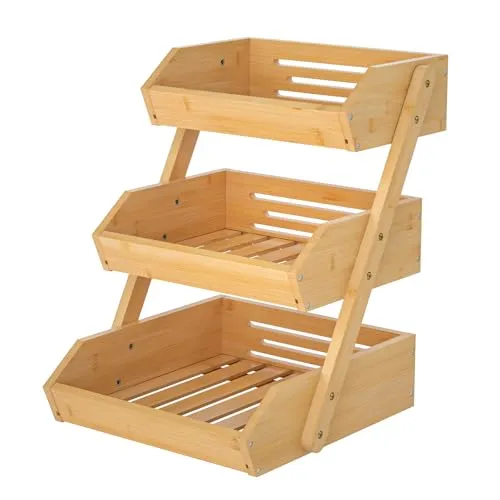 CALM COZY Obstkorb Bambus, 3-stufiger Obst und Gemüse Aufbewahrung Obstschale, Perfekt für Küchenarbeitsplatte, Home Dekorative Lagerung
