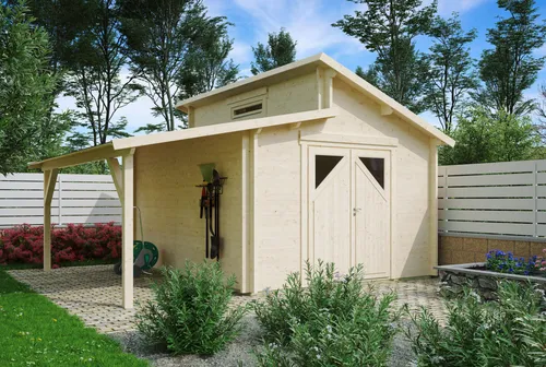 Fjordholz Gartenhaus Modell Varianta 44 E +SD - Massives Gartenhaus mit 44mm Wandbohlen aus nordischer Fichte, extra hohe Doppeltür für mehr Raumhöhe und robuste Dachkonstruktion. Ideal für vielfältige Nutzung im Garten!