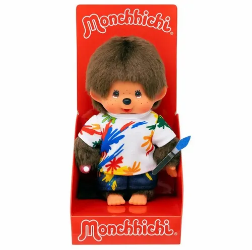 SEKIGUCHI Monchhichi Plüschfigur Painting Boy 20cm - Niedlicher Monchhichi Junge als Künstler, ca. 20 cm groß, mit weichem Plüsch und bunten Farbklecksen. Ideal zum Kuscheln, Spielen und als Geschenk für Kinder und Sammler.