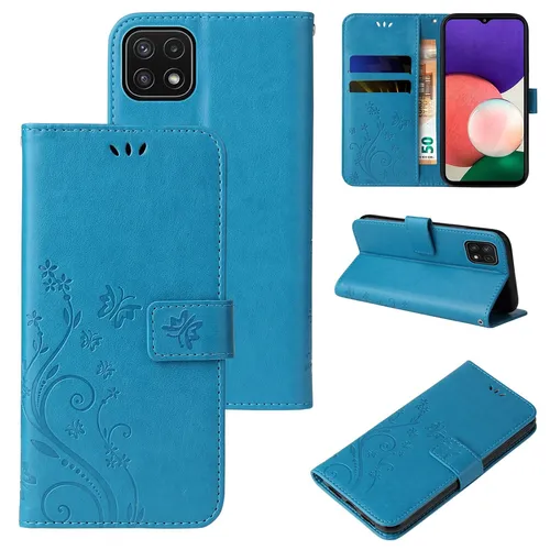 Handy Tasche für Samsung Galaxy A22 5G Handyhülle Blumen Buch Klapp Cover Blau