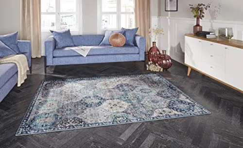 ELLE Decoration Kashmir Ghom Orientalischer Teppich - Kurzflor Vintage-Look Orientalisch Ornamente-Muster Klassischer Orientteppich für Wohnzimmer Esszimmer Flur oder Schlafzimmer Jeansblau, 120x160cm