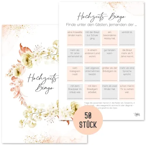 Things of Happiness Hochzeitsbingo 50 Karten by Hochzeitsspiel für Gäste im Boho Design | Hochzeitsgeschenk | Hochzeitsdekoration (Koralle Rosen)