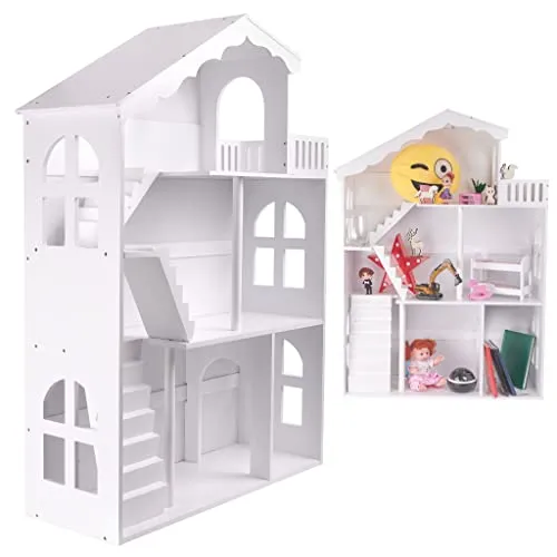 Lulilo XXL Dreistöckiges Puppenhaus-Bücherregal 2in1 Calla - Bücherregal und Puppenhaus in einem, 116 cm hoch, ideal zur Aufbewahrung und zum Spielen! Charmantes Design aus MDF + Holz, das jedem Kinderzimmer einen besonderen Akzent verleiht.