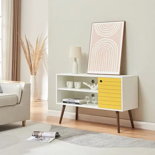 [en.casa] TV Schrank Vare Lowboard 100x40x66 cm – Modernes TV Board in Weiß/Gelb - Stylischer TV-Schrank mit 1 Tür und 2 offenen Fächern. Bietet optimalen Stauraum für Technik und Medien. Mit cleverem Kabelmanagement für ein aufgeräumtes Wohnzimmer – ideal für jeden Wohnstil.