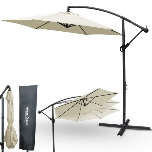 deluxe4home Ampelschirm Ø270 cm mit Ständer & Schutzcover - Sonnenschirm mit Handkurbel für einfache Bedienung, ideal für Terrasse oder Garten. In elegantem Creme und mit robustem Plattenschirmständer.