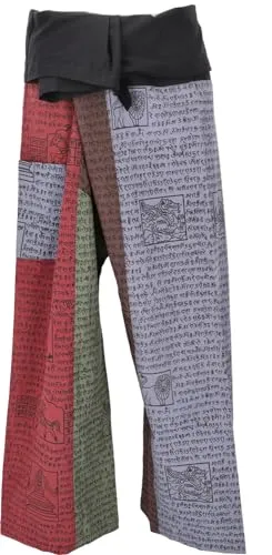 GURU SHOP Thai Fischerhose - Bordeauxrot/Bunt, Unisex - Yoga-Hose aus fester Baumwolle, variierbare Länge durch breiten Bundumschlag, ideal für Körpergrößen von 165 cm bis 190 cm.