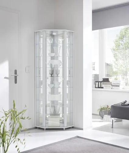 möbelando Eckvitrine >Trio< in Weiß - 71x172x50cm (BxHxT)