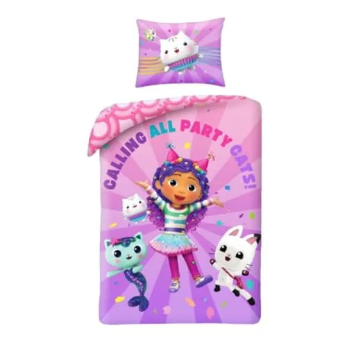 Halantex Bettwäsche-Set GABBY Das Puppenhaus - Gabby's Dollhouse CALLING ALL PARTY CATS - Bettbezug 140 x 200 cm mit Kissenbezug 70 x 90 cm - 100% Polyester mehrfarbig