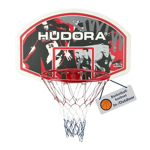 HUDORA Basketballkorbset In-Outdoor - Spielzeuge: Ideal für Kids, wetterfestes ABS-Kunststoff-Brett, stabiler Metallring und inklusive Befestigungsmaterial für drinnen und draußen.