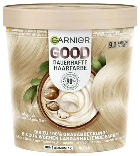 GARNIER GOOD Dauerhafte Haarfarbe mit pflegender Formel - Die GARNIER GOOD Haarfarbe bietet bis zu 8 Wochen brillante Farben und 100% Grauabdeckung. Einfach anzuwenden, duftet angenehm und besteht zu 90% aus natürlichen Inhaltsstoffen für lebendige Farbschattierungen.