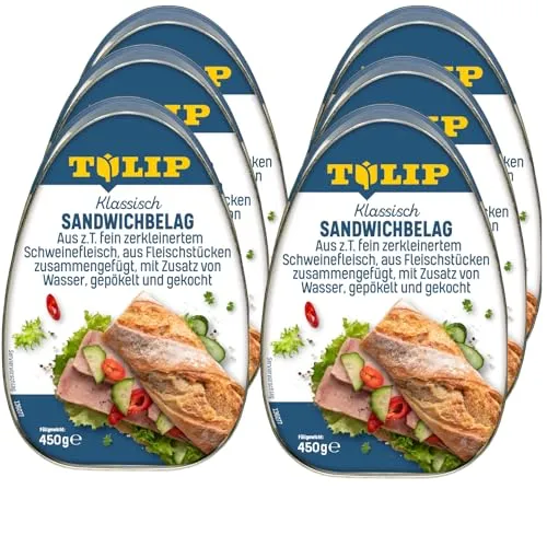 TULIP 6x 450 g Sandwichbelag aus Schweinefleisch | Frühstücksfleisch in Dosen | Zartes Fleisch in der Konserve | Saftiger Brotbelag | Ideal für Ihre Sandwich-Kreationen