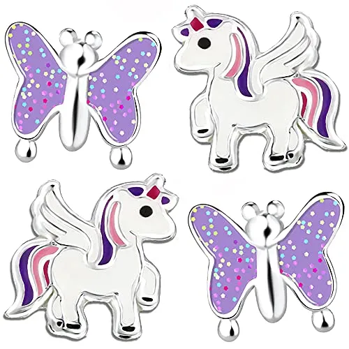 Paar Einhorn + Glitzer Schmetterling Set Ohrstecker 925 Echt Silber Mädchen Kinder Ohrringe (K200o+P10) 2