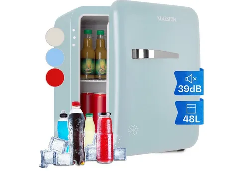 Klarstein HEA13-Audrey Mini Kühlschrank - Retrokühlschrank im stilvollen Pastellblau, mit 48 Litern Fassungsvermögen und höhenverstellbaren Standfüßen – perfekt für die Hausbar oder kleine Räume.