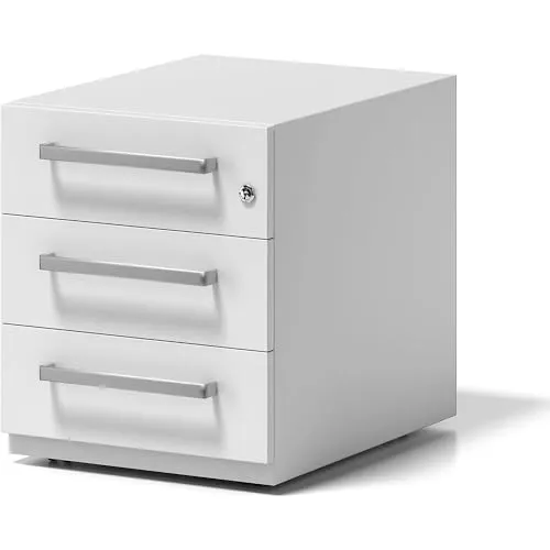 Rollcontainer Note - H495xB420xT565 mm, verkehrsweiß mit 3 Universalschüben - Büroschränke mit 3 ausziehbaren Schubladen, Kippsicherung und 4 unsichtbaren Rollen für mühelosen Transport - ideal für flexibles Arbeiten im Büro.