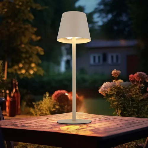 Akku Tischleuchte mit Touchdimmer und Flaschenaufsatz, sand - Tischleuchte mit 3 Nutzungsmöglichkeiten: als Tischlampe oder Flaschenaufsatz. Dimmbar mit Touchdimmer, variabler Lichttemperatur von 3000K bis 5000K. IP54-zertifiziert und inklusive USB-C-Ladekabel.