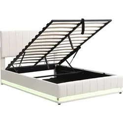 OKWISH Polsterbett 140x200 cm mit LED-Beleuchtung, Lattenrost und hydraulischem Stauraum – modernes Kunstlederbett Weiß