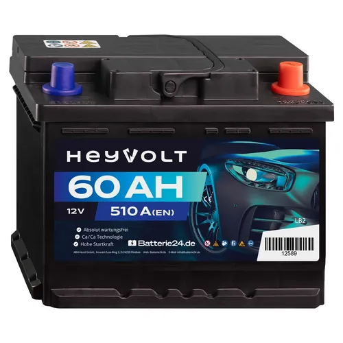 HeyVolt 60Ah Autobatterie 12V 510A - Autobatterie mit 60Ah und 510A Kaltstartstrom, wartungsfrei und ideal für hohe Startreserven, besonders bei Kälte – Qualität 