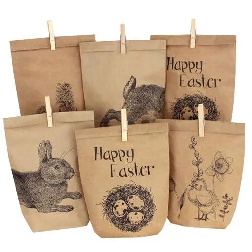 Papierdrachen 12 Ostertüten mit Hasen, Blumen und Küken - ideale Geschenkidee oder Oster Dekoration - Bedruckte Tüten mit Holzklammern | Osternest zum Basteln und Verschenken