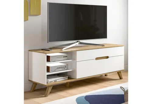 TV Lowboard Hygge in Weiß und Eiche 140 cm - Kategorie: TV-Halterungen, bietet eine Soft-Close-Funktion und Platz für bis zu 60 Zoll Fernseher, ideal für ein stilvolles Wohnzimmer.