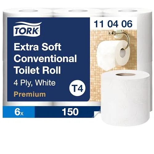 Tork extra weiches Kleinrollen Toilettenpapier Weiß T4, Premium Qualität, 4 lagig, 6 Rollen x 18.75m, 110406