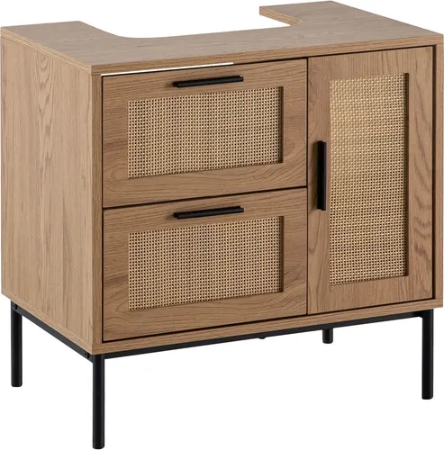 Waschbeckenunterschrank Eiche-Optik 60x60 cm mit Rattangeflecht - Badezimmerschrank in modernem Design mit praktischen Schubladen und einem Siphonausschnitt, ideal für mehr Stauraum und eine stilvolle Badezimmergestaltung.