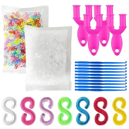 TRKETK Bunte S-Clips für Gummibänder, S-Clips, Nachfüllset mit 4 Y-Webstuhl und 10 Häkelnadelverbindern, Nachfüllset für Bastelarbeiten, DIY-Armbänder (300 weiß + 300 bunt), 600 Stück