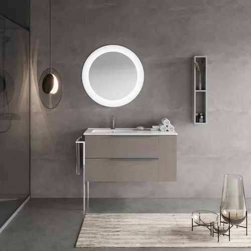 Grauer Badezimmer-Unterschrank mit Handtuchhalter und LED-Spiegel | New York
