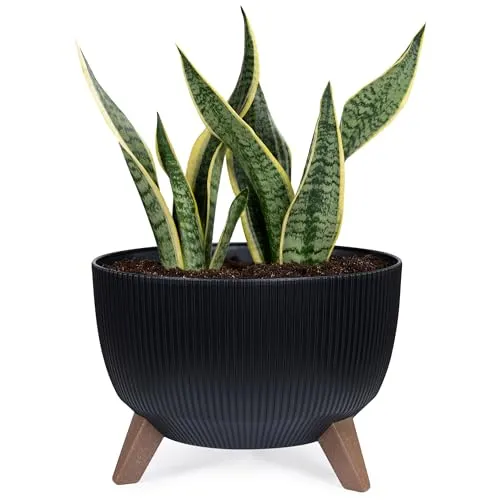 KONZEPT Pflanzenschale mit Füßen 33 cm Blumentopf Kunststoff Schwarz, Pflanzkübel Groß Außen, UV-Beständig, Wetterfest, Mit Wasserablauf, Perfekt für Solarbrunnen & Miniteich