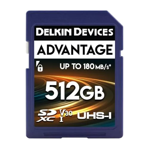 Delkin Devices Advantage SDXC-Speicherkarte, UHS-I, bis zu 150 MB/s Schreiben, 180 MB/s Lesen, Speicherkarten für Kameras mit C10, U3, V30, 4K UHD, SD-Karte in voller Größe