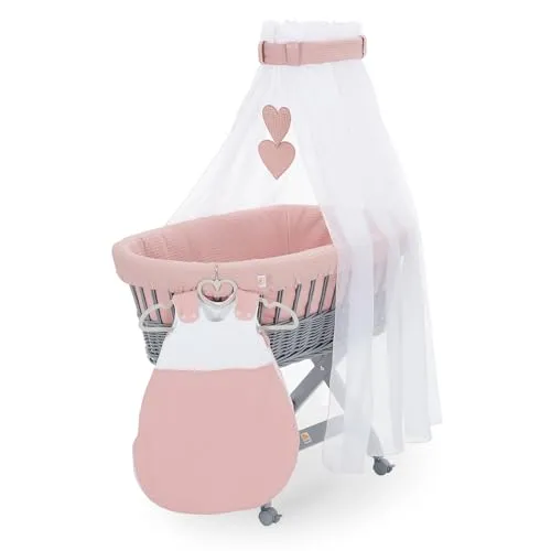 FabiMax Stubenwagen Grau Komplettset mit Matratze, Musselin-Schlafsack oder Bettwäsche, Himmel & Weidenkorb (Schlafsack, Rosa)