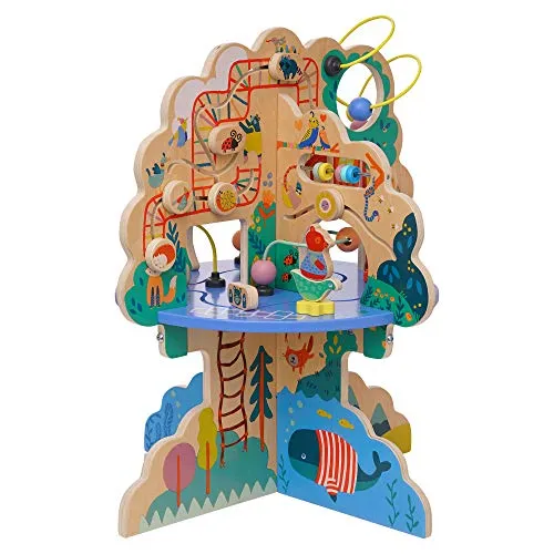 Manhattan Toy 160810 Playground Adventure Spielplatz-Abenteuer-Aktivitätszentrum aus Holz mit Segelflugzeugen, Abakus-Bahn, Spinnern, Federspielzeug und Perlenketten, Multicolor