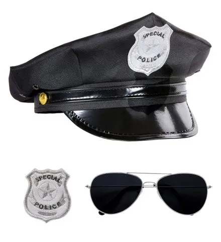 Polizist Set Hut Brille Dienstmarke  Polizeikostüm Polizei Männerkostüm neu
