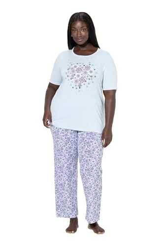 Ulla Popken Damen Plus Size Pyjama mit Blütenmotiv - Bequemer Pyjama in Übergrößen mit Rundhalsausschnitt und Halbarm, ergänzt durch eine lange Hose mit praktischen Taschen. Aus atmungsaktiver Baumwolle für angenehme Nächte.
